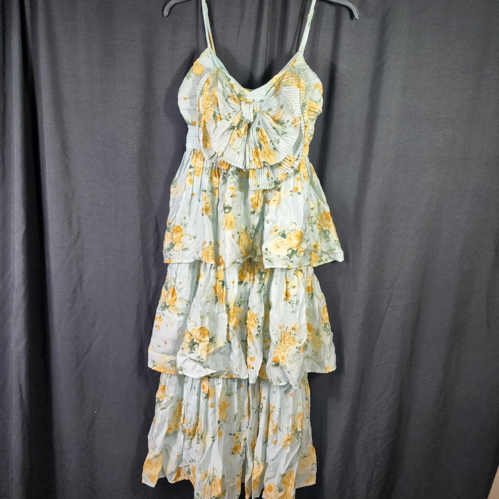Floral Tiered Maxi Dress Light Blue Yellow Rose Bow‎ NWT S Whimsical Fairy Boho